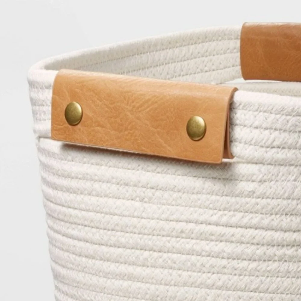 Cotton Rope & Leather Decorative Storage Bin | Ivory | 13